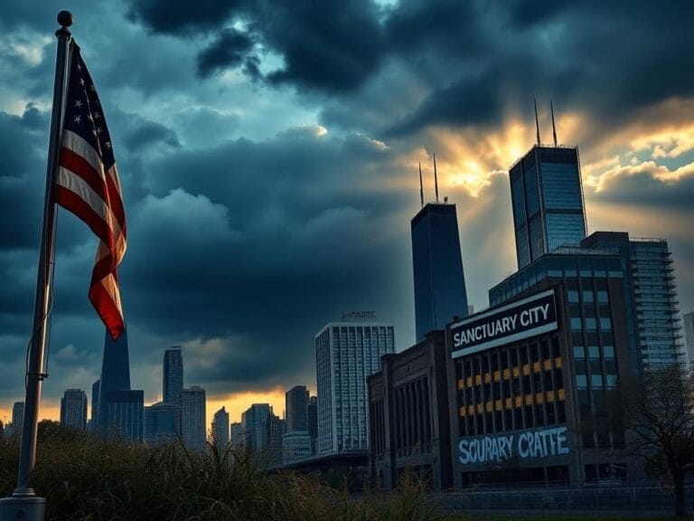 Flick International Dramatic skyline of Chicago at dawn with an American flag and a 'Sanctuary City' sign