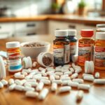 Flick International Close-up of various over-the-counter pain relief medications on a wooden kitchen table, including ibuprofen, naproxen, and acetaminophen.