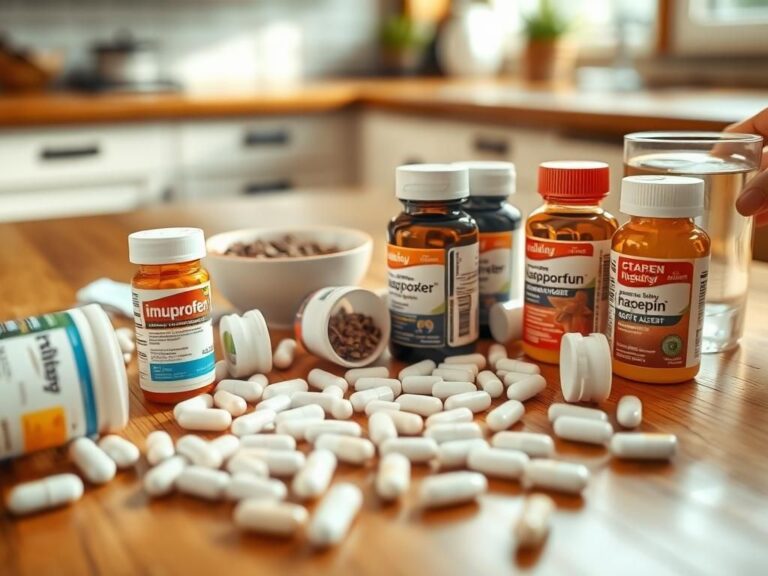 Flick International Close-up of various over-the-counter pain relief medications on a wooden kitchen table, including ibuprofen, naproxen, and acetaminophen.