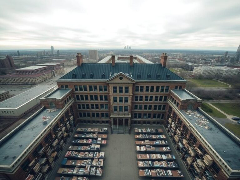 Flick International Aerial view of a historic Chicago school building with empty classrooms and neglected facilities