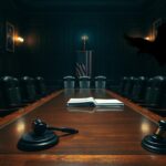 Flick International Dimly lit Senate hearing room with empty chairs and polished wooden table