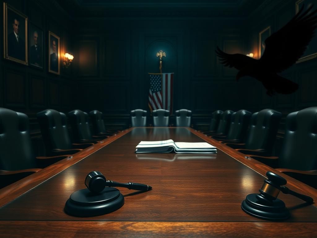 Flick International Dimly lit Senate hearing room with empty chairs and polished wooden table