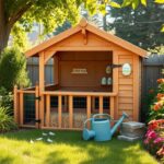 Flick International A serene backyard chicken coop surrounded by greenery and colorful flower beds