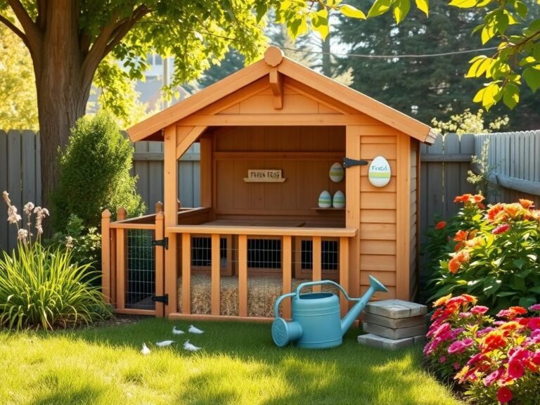 Flick International A serene backyard chicken coop surrounded by greenery and colorful flower beds