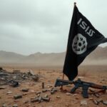 Flick International Desolate landscape in Syria with bombed-out buildings and a tattered ISIS flag