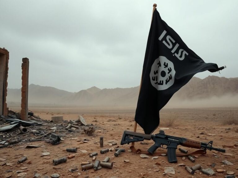 Flick International Desolate landscape in Syria with bombed-out buildings and a tattered ISIS flag