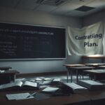 Flick International Dimly lit classroom with empty desks and scattered papers symbolizing abandoned education policies