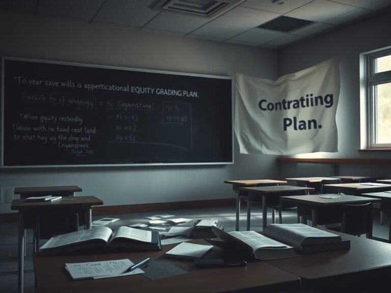 Flick International Dimly lit classroom with empty desks and scattered papers symbolizing abandoned education policies