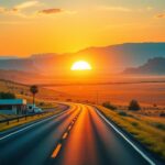 Flick International A scenic view of a winding two-lane highway through diverse American landscapes at sunset