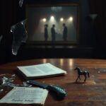 Flick International Dimly lit room with shattered glass pieces reflecting the tumultuous relationship of Johnny Depp and Amber Heard