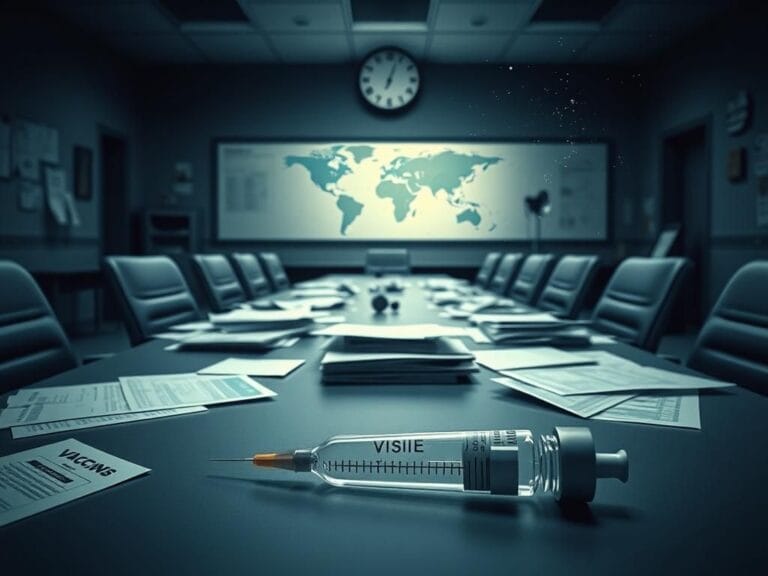 Flick International deserted public health office with empty chairs and scattered vaccine documents