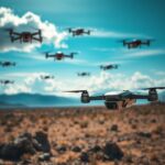 Flick International A futuristic battlefield scene showcasing various small drones in flight above a rugged landscape.