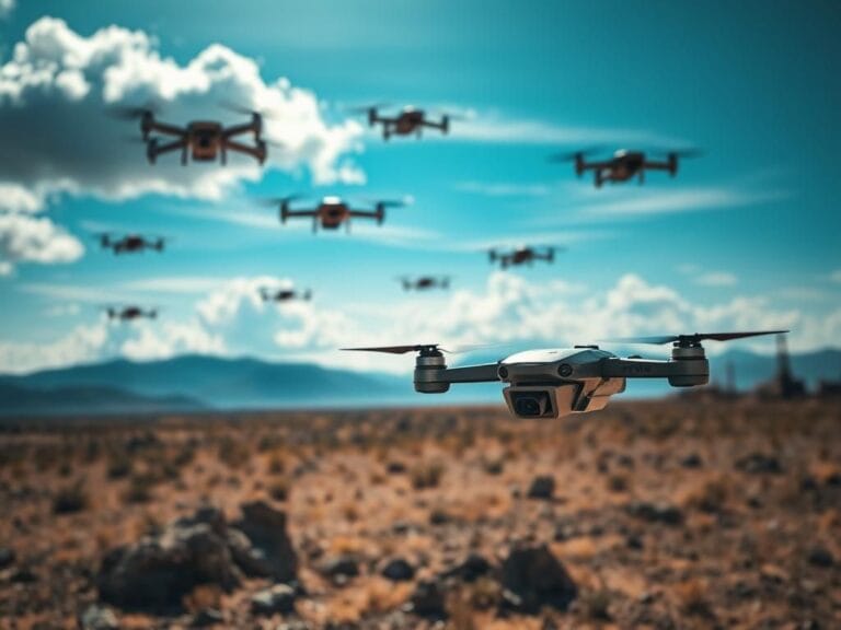 Flick International A futuristic battlefield scene showcasing various small drones in flight above a rugged landscape.