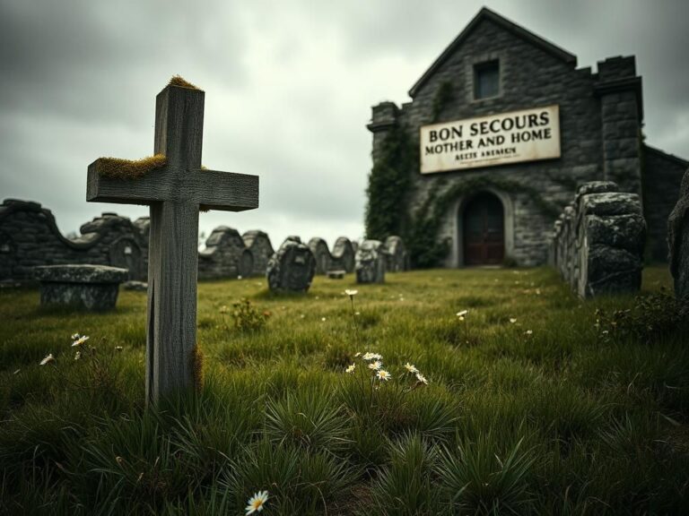 Flick International Overgrown grave site with weathered wooden cross at former mother-and-baby home in Ireland