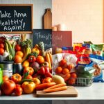 Flick International Vibrant kitchen scene showcasing fresh fruits and vegetables juxtaposed with ultra-processed foods in bright packaging