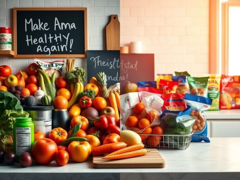 Flick International Vibrant kitchen scene showcasing fresh fruits and vegetables juxtaposed with ultra-processed foods in bright packaging