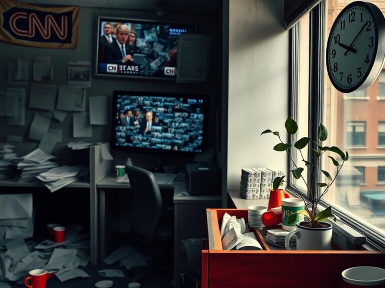 Flick International A disheveled newsroom cubicle with scattered papers and abandoned coffee cups illustrating despair.
