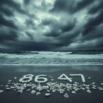 Flick International Dark stormy sky over a desolate beach with seashells forming the numbers '86 47'