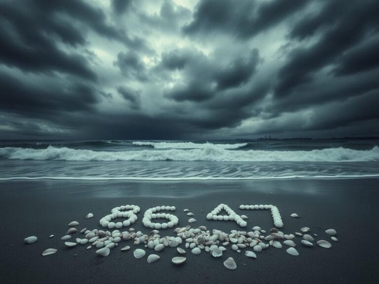 Flick International Dark stormy sky over a desolate beach with seashells forming the numbers '86 47'