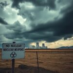 Flick International Dramatic depiction of an ominous Iranian nuclear facility amid a stormy sky