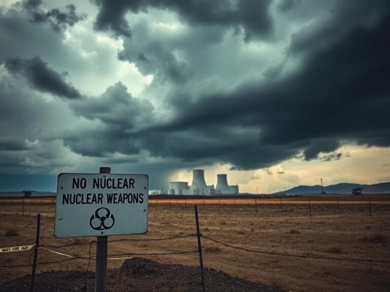 Flick International Dramatic depiction of an ominous Iranian nuclear facility amid a stormy sky