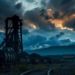 Flick International A dark, ominous landscape of a coal mine at dusk with weathered machinery and overgrown coal carts.