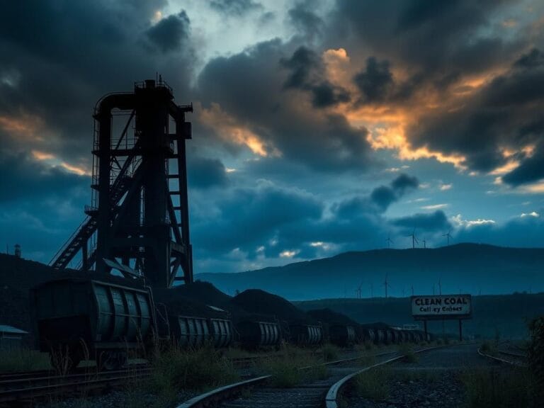 Flick International A dark, ominous landscape of a coal mine at dusk with weathered machinery and overgrown coal carts.