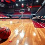 Flick International Intense basketball court scene featuring scuff marks and a basketball near the baseline after a physical WNBA game.