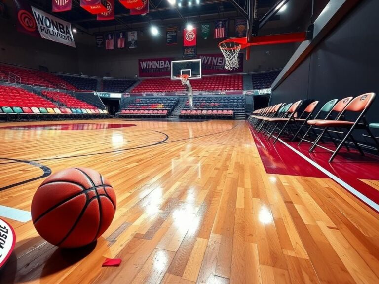 Flick International Intense basketball court scene featuring scuff marks and a basketball near the baseline after a physical WNBA game.