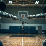 Flick International Action-packed fencing match captured in a dimly lit gymnasium
