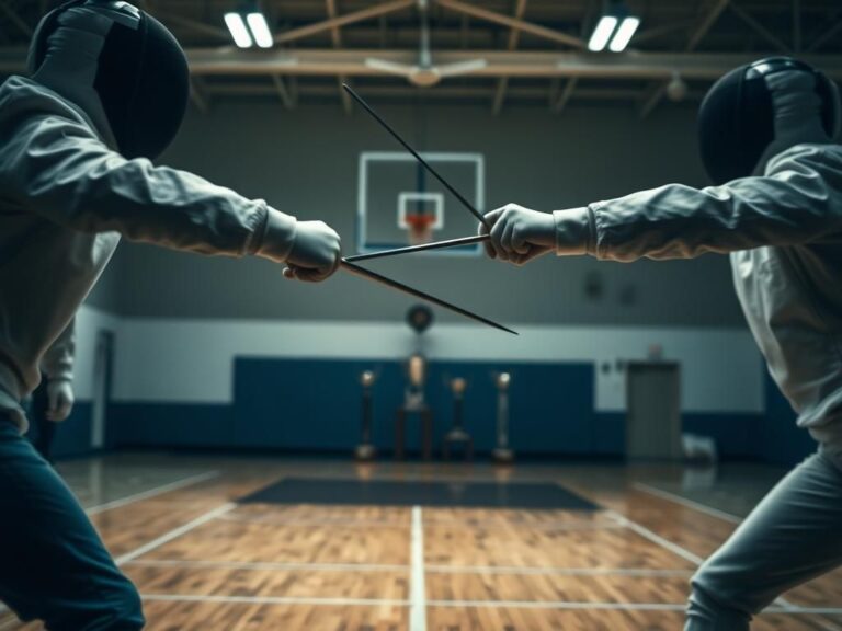 Flick International Action-packed fencing match captured in a dimly lit gymnasium
