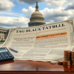 Flick International Detailed view of a large tax bill on a polished wooden desk, symbolizing Senate tax reforms