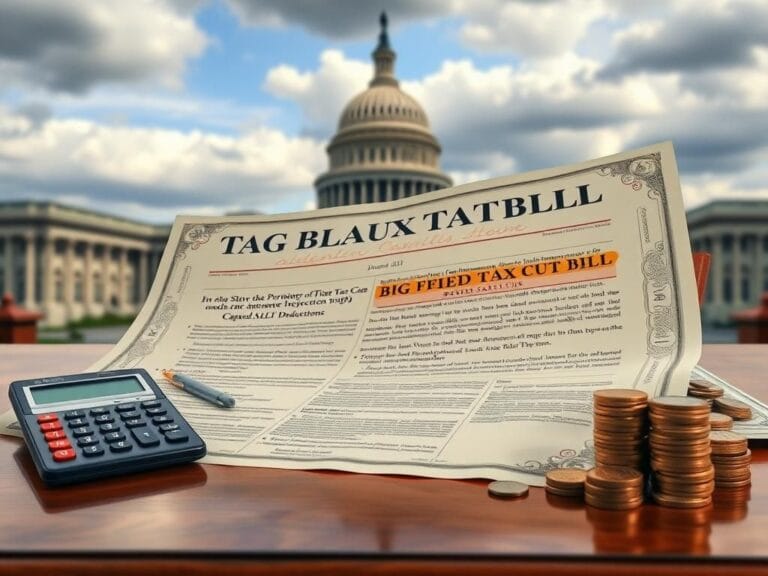 Flick International Detailed view of a large tax bill on a polished wooden desk, symbolizing Senate tax reforms