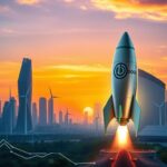 Flick International Metallic rocket with DOGE logo poised for takeoff in a futuristic city skyline