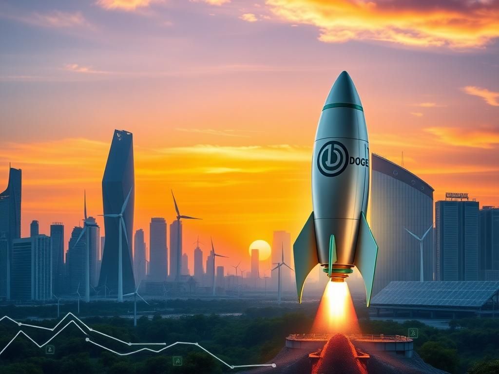 Flick International Metallic rocket with DOGE logo poised for takeoff in a futuristic city skyline