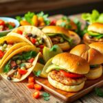 Flick International Vibrant display of healthy tacos and sliders on a rustic wooden table