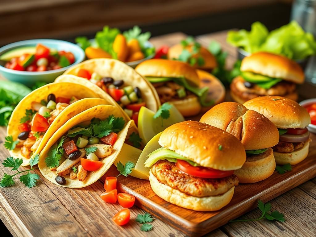 Flick International Vibrant display of healthy tacos and sliders on a rustic wooden table