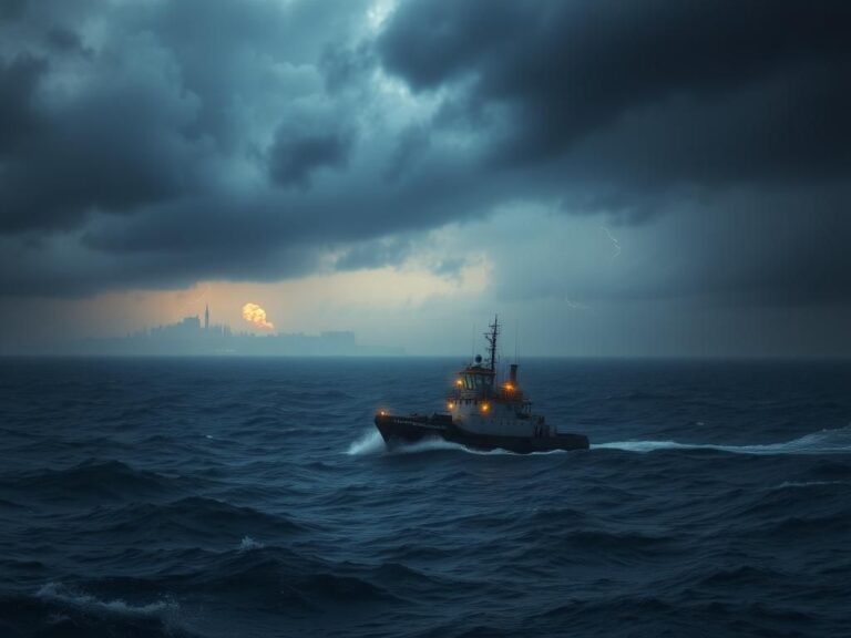Flick International Tugboat navigating stormy seas during Israel's emergency evacuation amid conflict