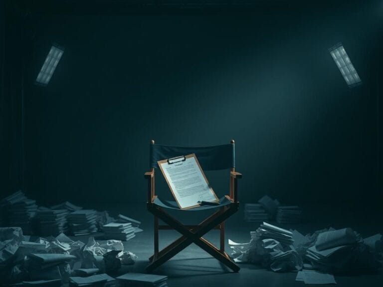 Flick International Dimly lit film set with an empty director's chair and a clipboard, symbolizing tension and unspoken stories in the entertainment industry.