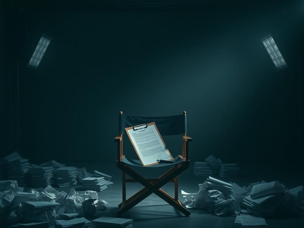 Flick International Dimly lit film set with an empty director's chair and a clipboard, symbolizing tension and unspoken stories in the entertainment industry.
