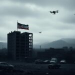 Flick International War-torn urban landscape showcasing a crumbling U.S. embassy building