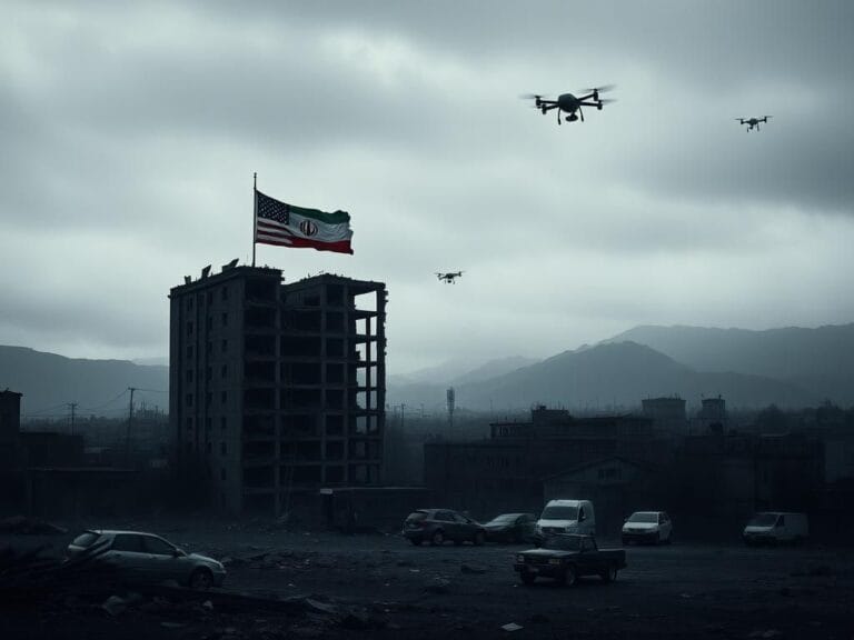 Flick International War-torn urban landscape showcasing a crumbling U.S. embassy building
