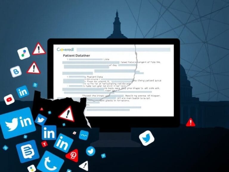 Flick International Digital collage illustrating a fragmented health data monitoring system with obscured patient data and security symbols.