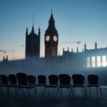 Flick International A silhouette of the British Parliament building at dusk with Big Ben and weathered chairs symbolizing women's voices on abortion rights.
