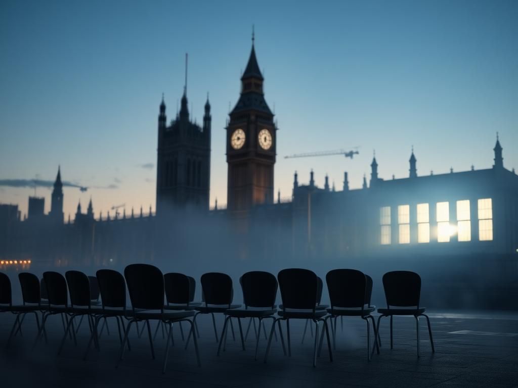Flick International A silhouette of the British Parliament building at dusk with Big Ben and weathered chairs symbolizing women's voices on abortion rights.