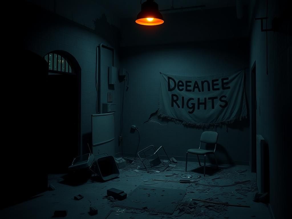 Flick International Dimly lit interior of a detention facility showing a damaged wall and scattered debris after an escape