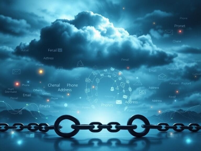 Flick International Abstract representation of personal data flowing with keywords like 'Email,' 'Phone,' and 'Address,' surrounded by a dark cloud symbolizing data brokers.