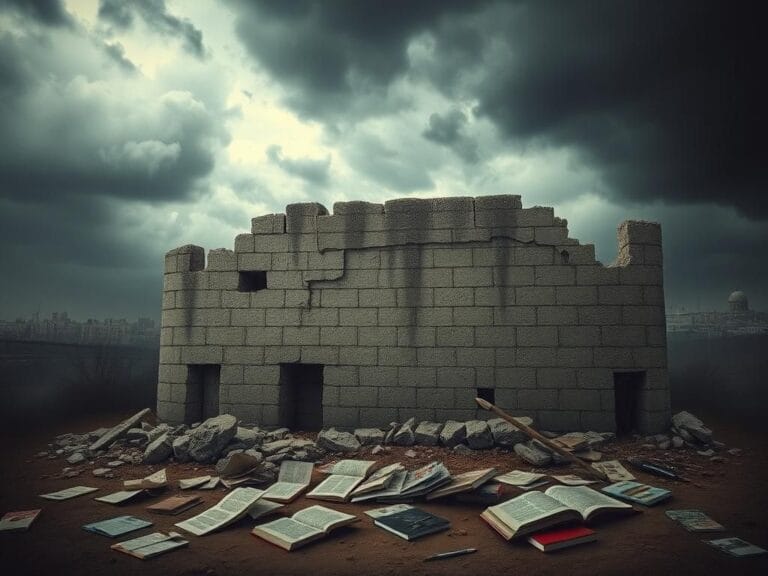 Flick International Abstract representation of conflict in Jerusalem with crumbling stone wall and scattered educational materials