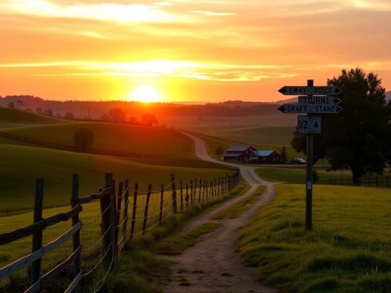 Flick International Picturesque rural Virginia landscape at sunset with wooden fence and American flag