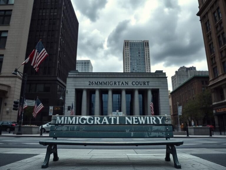Flick International Exterior view of the New York City immigration court building at 26 Federal Plaza with a distressed metal bench in the foreground
